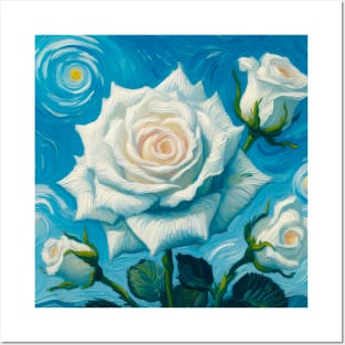 White Rose Painting Blue Background Van Gogh Style Painting Digital Art Posters and Art